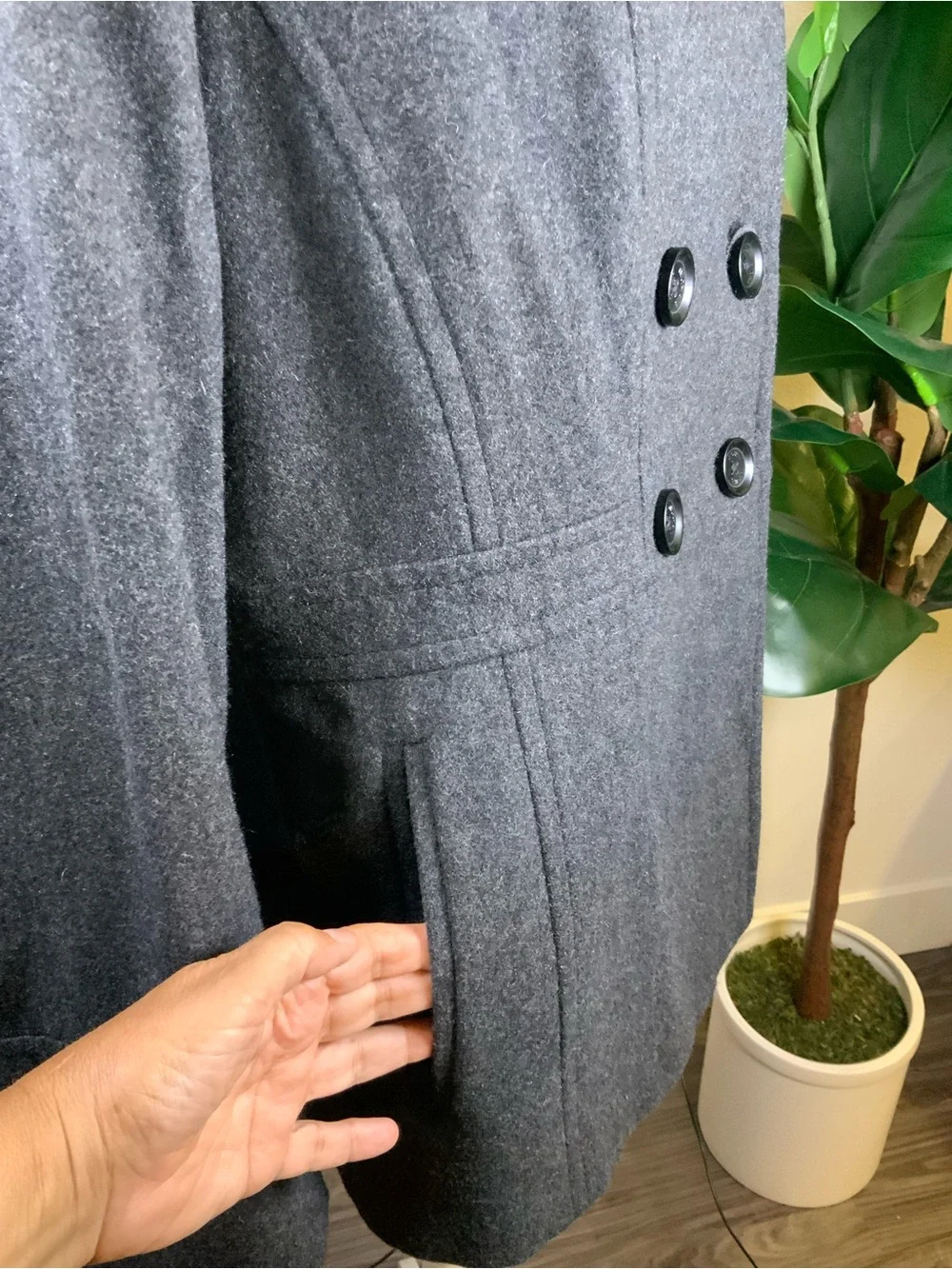 Michael Kors Charcoal Double-Breasted Peacoat with Red Scarf